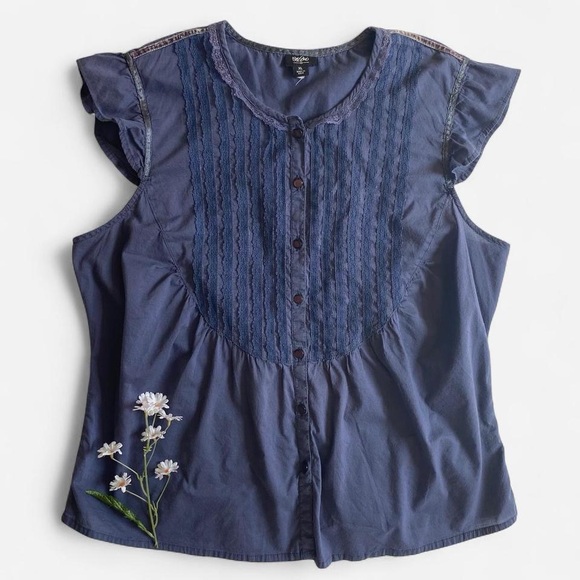 Y2K dusty indigo blouse w/lace - Picture 1 of 8